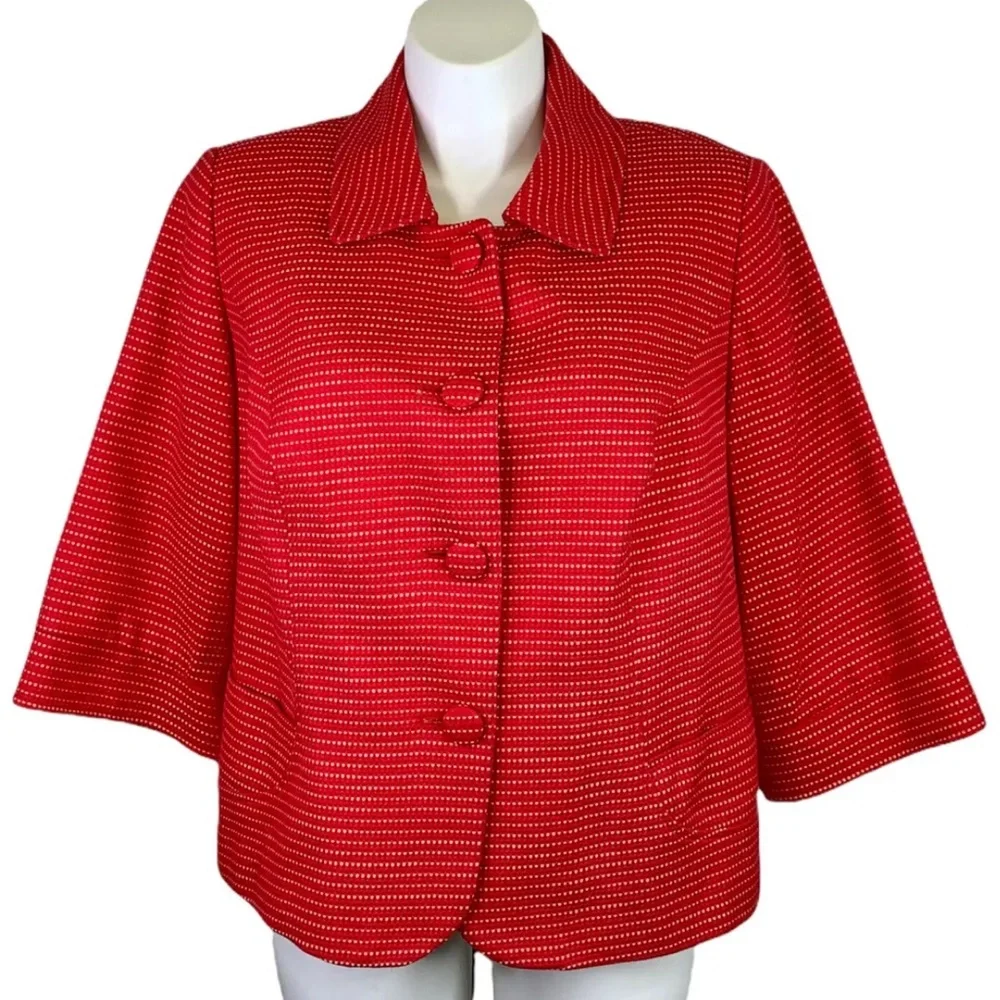 Lane Bryant Red Blazer Jacket Tan Polka Dot Cotton Ruffled 3/4 Sleeves Sz 14